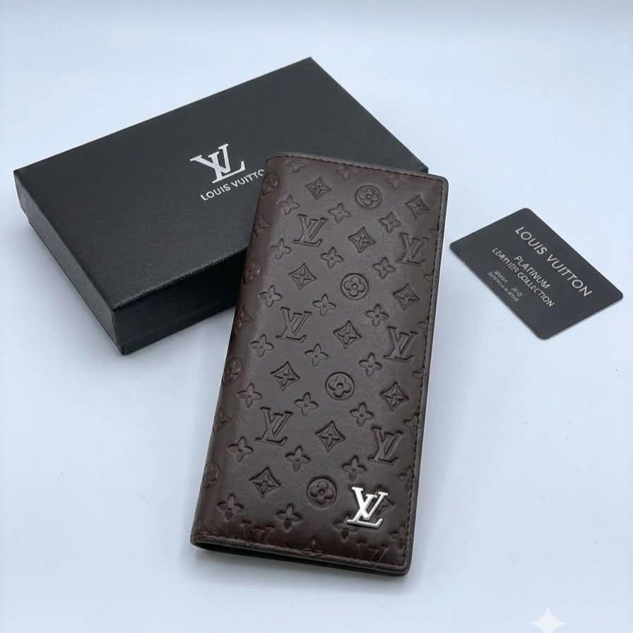V Style Long Leather Wallet For Men | Embossed Monogram | Bi-Fold Long Purse | With Premium Box & Authenticity Card | Brown